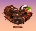 Realistic Chocolate. Chocolate bar, splash, candy, pieces, shavings, cocoa bean and hazelnut. 3d vector Royalty Free Stock Photo