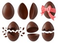 Realistic chocolate eggs, broken candy egg. Easter surprise, kinder sweet holiday gift. Half crack 3d elements, pithy