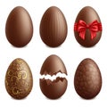 Realistic chocolate eggs, easter holiday sweet dessert. Easter holiday surprise treat, golden choco eggs vector illustration set. Royalty Free Stock Photo