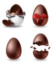 Realistic chocolate eggs, whole, broken, decorated with bow eggshell