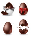 Realistic chocolate eggs, whole, broken, decorated with bow eggshell Royalty Free Stock Photo