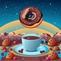 Realistic chocolate falling donut and cup of coffee on background of space sky, chocolate mountains and sweets.