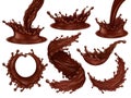 Realistic chocolate frosting splashes, streams and hot dark chocolate swirls. Delicious desserts dynamic splashes and Royalty Free Stock Photo