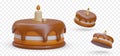 Realistic chocolate round cake with candle, view from different sides