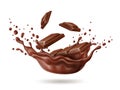 Realistic chocolate splash. Dark cocoa liquid with bars pieces, dessert products motion, cocoa syrup swirl and drops