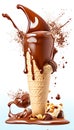 Realistic chocolate splash and ice cream. Vector ad poster with bite choco popsicle with nuts and liquid swirl. Icecream on stick Royalty Free Stock Photo