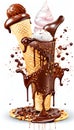 Realistic chocolate splash and ice cream. Vector ad poster with bite choco popsicle with nuts and liquid swirl. Icecream on stick Royalty Free Stock Photo