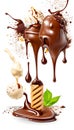 Realistic chocolate splash and ice cream. Vector ad poster with bite choco popsicle with nuts and liquid swirl. Icecream on stick Royalty Free Stock Photo