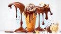 Realistic chocolate splash and ice cream. Vector ad poster with bite choco popsicle with nuts and liquid swirl. Icecream on stick