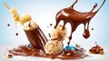 Realistic chocolate splash and ice cream. Vector ad poster with bite choco popsicle with nuts and liquid swirl. Icecream on stick Royalty Free Stock Photo