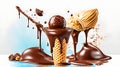 Realistic chocolate splash and ice cream. Vector ad poster with bite choco popsicle with nuts and liquid swirl. Icecream on stick