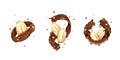 Realistic chocolate splash with peanuts. 3D sweet nuts. Milk swirl for package. Candy snack pack elements. Cream tornado