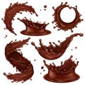 Realistic chocolate splashes, liquid hot chocolate swirls and drops. Dripping dark chocolate splashes vector illustration set. Royalty Free Stock Photo