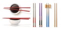 Realistic chopstick designs and bowl with soy sauce. Traditional japanese bamboo utensils. Chopsticks for sushi and Royalty Free Stock Photo
