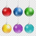 Realistic Christmas balls in different colors hanging on transparent background.