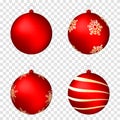 Realistic christmas balls isolated on transparent background. Glossy red christmas balls with golden patterns Royalty Free Stock Photo