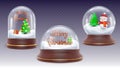 Realistic christmas crystal snow ball, globe with 3d snowman and xmas tree. Glass dome, crystal cylinder with snowfall