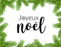 Realistic christmas frame with fir. Joyeux noel french typography lettering pine tree decoration border card.