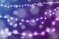 Realistic Christmas lights decorations set isolated on transparent blue and purple background Royalty Free Stock Photo