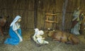 Realistic christmas nativity scene with figurines including Jesus and animals Royalty Free Stock Photo