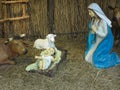 Realistic christmas nativity scene with figurines including Jesus and animals Royalty Free Stock Photo