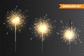 Realistic Christmas sparkler collection on transparent background. Bengal fire effect. Festive bright fireworks with Royalty Free Stock Photo