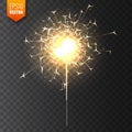 Realistic Christmas sparkler on transparent background. Bengal fire effect. Festive bright fireworks with sparks. New Royalty Free Stock Photo