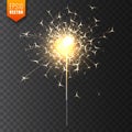 Realistic Christmas sparkler on transparent background. Bengal fire effect. Festive bright fireworks with sparks. New Royalty Free Stock Photo