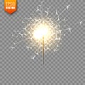 Realistic Christmas sparkler on transparent background. Bengal fire effect. Festive bright fireworks with sparks. New Royalty Free Stock Photo