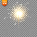 Realistic Christmas sparkler on transparent background. Bengal fire effect. Festive bright fireworks with sparks. New Royalty Free Stock Photo