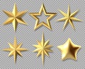 Realistic Christmas stars. Golden xmas glossy 3D stars, award decorative symbol isolated vector illustration set. Gold