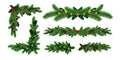 Realistic christmas tree garlands borders and frame corners. Winter holiday decoration with fir branch, holly leaf and pine cones Royalty Free Stock Photo