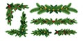 Realistic christmas tree garlands borders and frame corners. Winter holiday decoration with fir branch, holly leaf and Royalty Free Stock Photo
