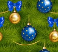 Realistic christmas tree seamless with traditional cyan and gold christmas ball, bow and others christmas decorations Royalty Free Stock Photo