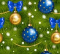Realistic christmas tree seamless with traditional cyan and gold christmas ball, bow and others christmas decorations Royalty Free Stock Photo