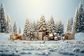 realistic Christmas trees, Gifts box in snow drift, Merry Christmas and Happy New Year festive Royalty Free Stock Photo