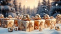 realistic Christmas trees, Gifts box in snow drift, Merry Christmas and Happy New Year festive Royalty Free Stock Photo