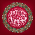 Realistic Christmas vector wreath with red berries on evergreen branches and text Merry Christmas. mas illustration for Royalty Free Stock Photo