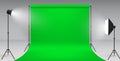 Realistic chroma key studio template vector equipment photo video shooting green screen spotlight