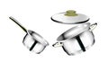 Realistic chrome dishes. Steel cooking pots with cape, metal saucepan and skillet, isolated cookware. Vector image 3D