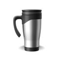 Realistic chrome silver metal travel mug, 3d thermos for car or office, hot drinks bottle blank