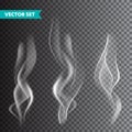 Realistic cigarette smoke set isolated on transparent background. Vector vapor in air, steam flow. Fog, mist effect. Royalty Free Stock Photo