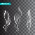 Realistic cigarette smoke set isolated on transparent background. Vector vapor in air, steam flow. Fog, mist effect. Royalty Free Stock Photo