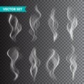 Realistic cigarette smoke set isolated on transparent background. Vector vapor in air, steam flow. Fog, mist effect. Royalty Free Stock Photo