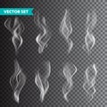 Realistic cigarette smoke set isolated on transparent background. Vector vapor in air, steam flow. Fog, mist effect. Royalty Free Stock Photo