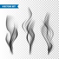 Realistic cigarette smoke set isolated on transparent background. Vector vapor in air, steam flow. Fog, mist effect.