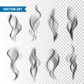 Realistic cigarette smoke set isolated on transparent background. Vector vapor in air, steam flow. Fog, mist effect. Royalty Free Stock Photo