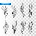 Realistic cigarette smoke set isolated on transparent background. Vector vapor in air, steam flow. Fog, mist effect. Royalty Free Stock Photo