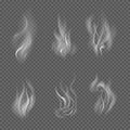 Realistic cigarette smoke waves on transparent checkered background. Vector illustration