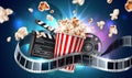 Vector movie cinema poster flying popcorn tape Royalty Free Stock Photo